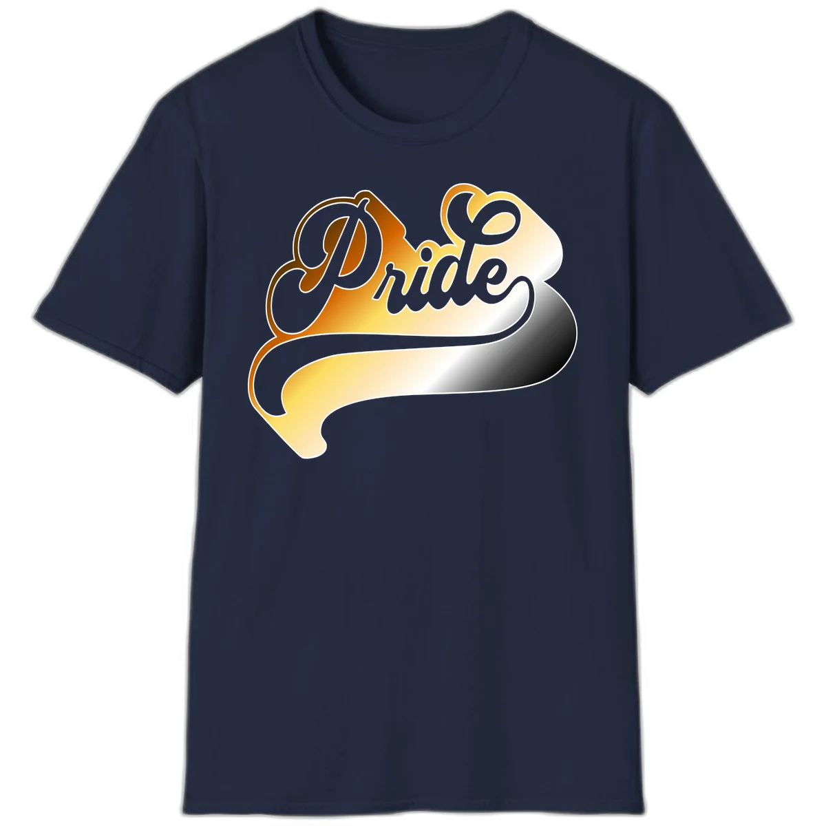Pride script gradient design with elegant gray lettering on warm orange-to-cream flowing ribbon background in Navy