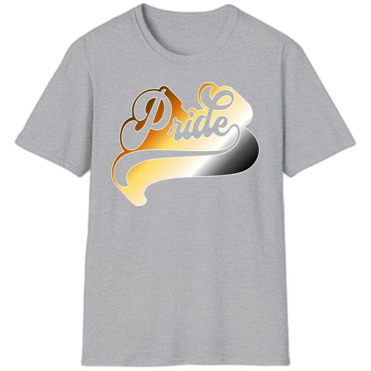 Pride script gradient design with elegant gray lettering on warm orange-to-cream flowing ribbon background in Sport Grey