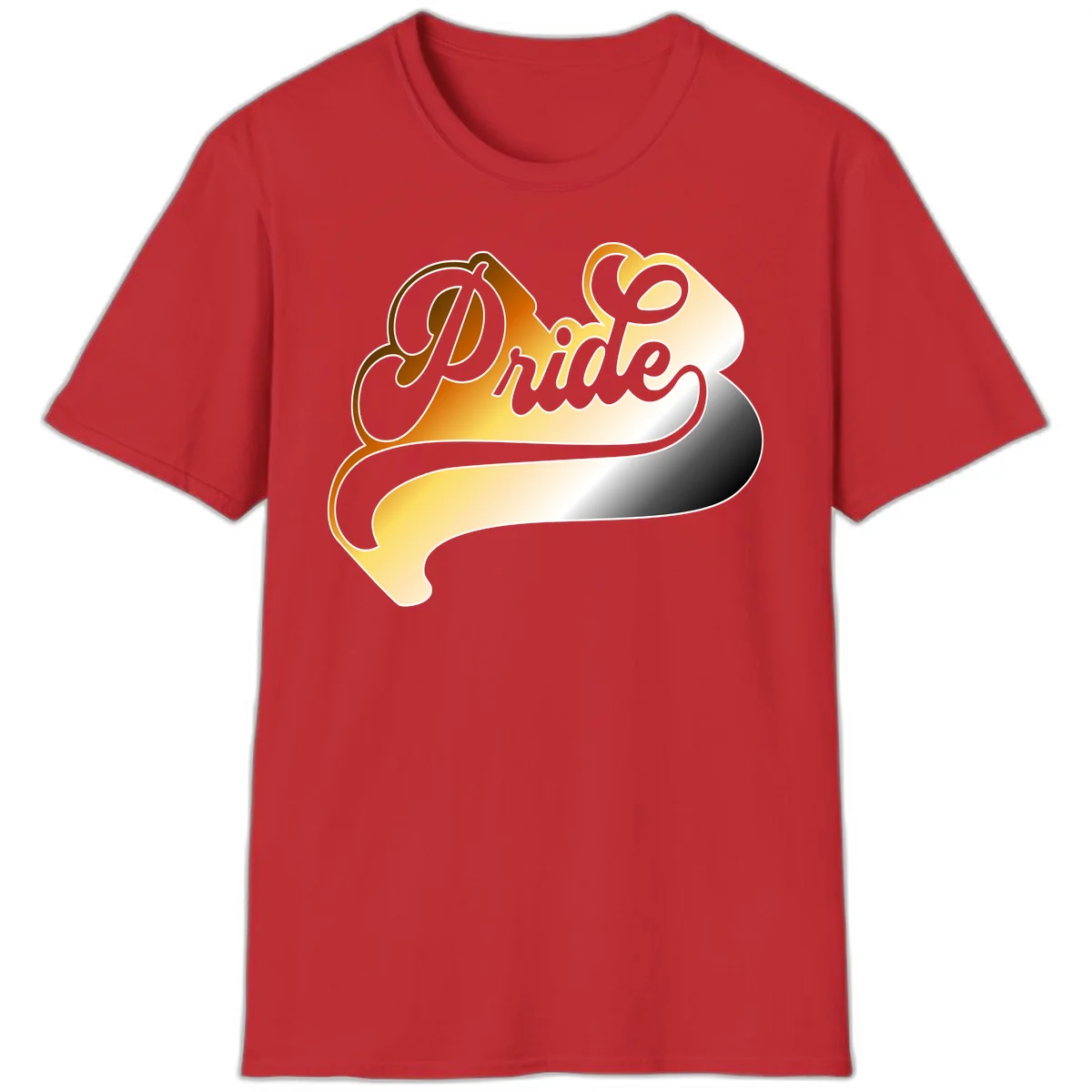 Pride script gradient design with elegant gray lettering on warm orange-to-cream flowing ribbon background in Red