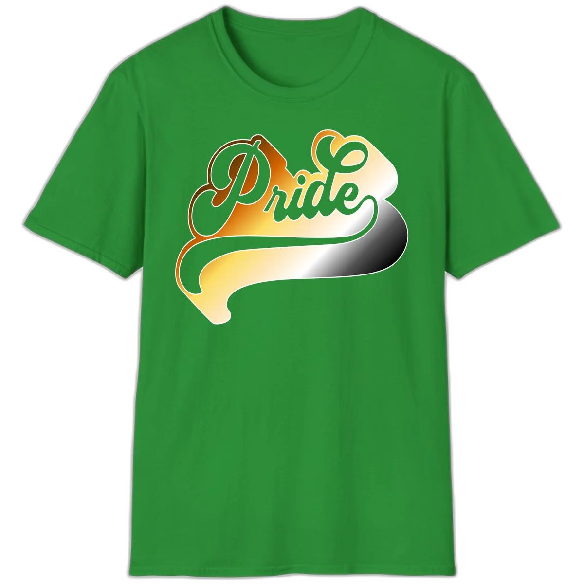 Pride script gradient design with elegant gray lettering on warm orange-to-cream flowing ribbon background in Irish Green