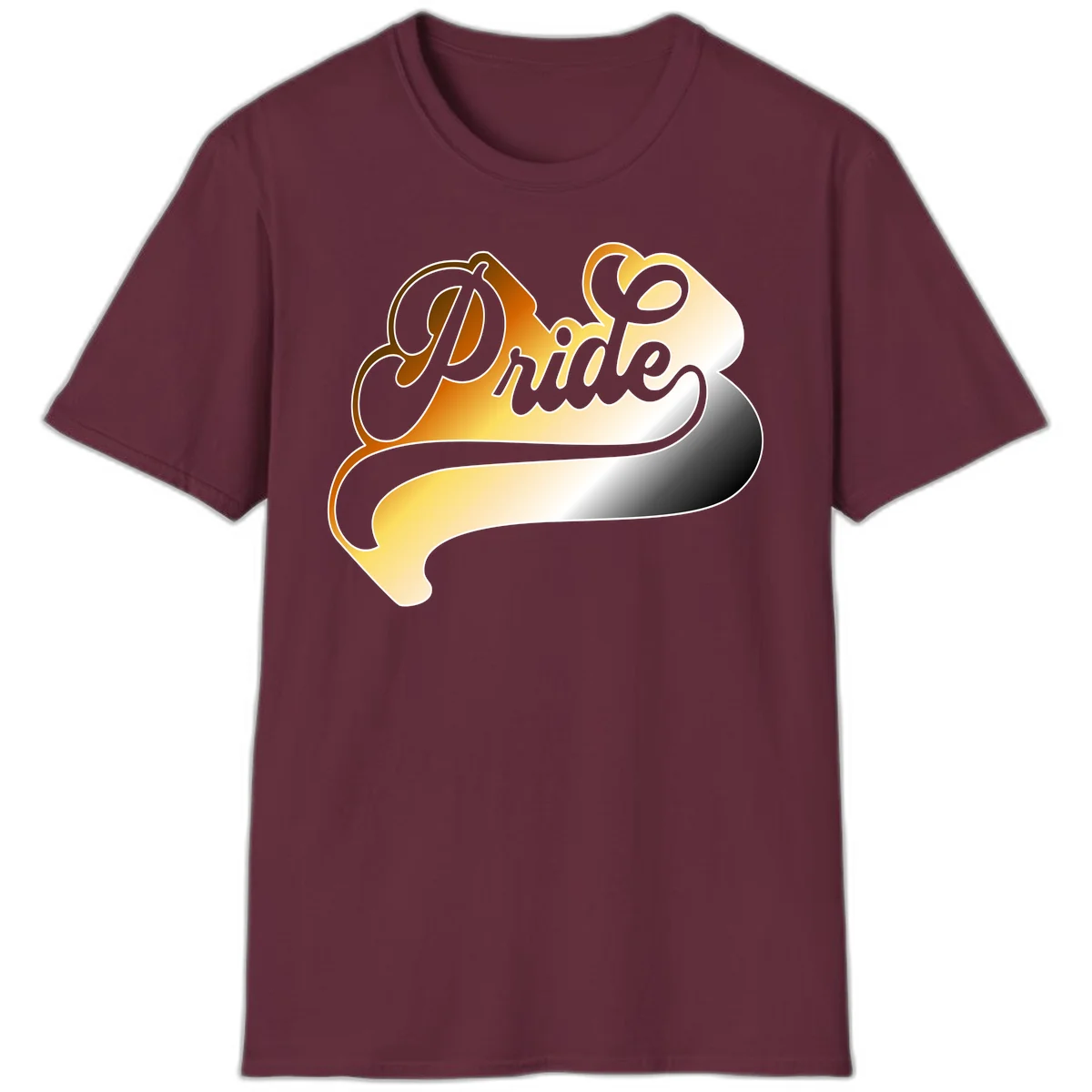 Pride script gradient design with elegant gray lettering on warm orange-to-cream flowing ribbon background in Maroon