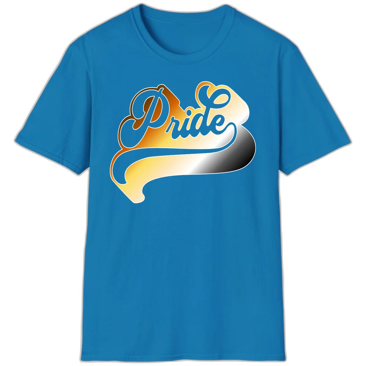 Pride script gradient design with elegant gray lettering on warm orange-to-cream flowing ribbon background in Sapphire