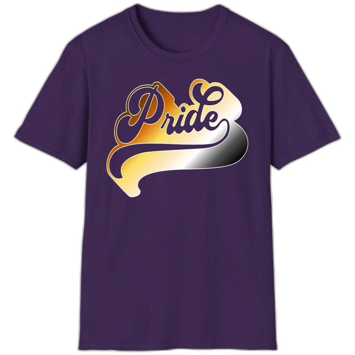 Pride script gradient design with elegant gray lettering on warm orange-to-cream flowing ribbon background in Purple