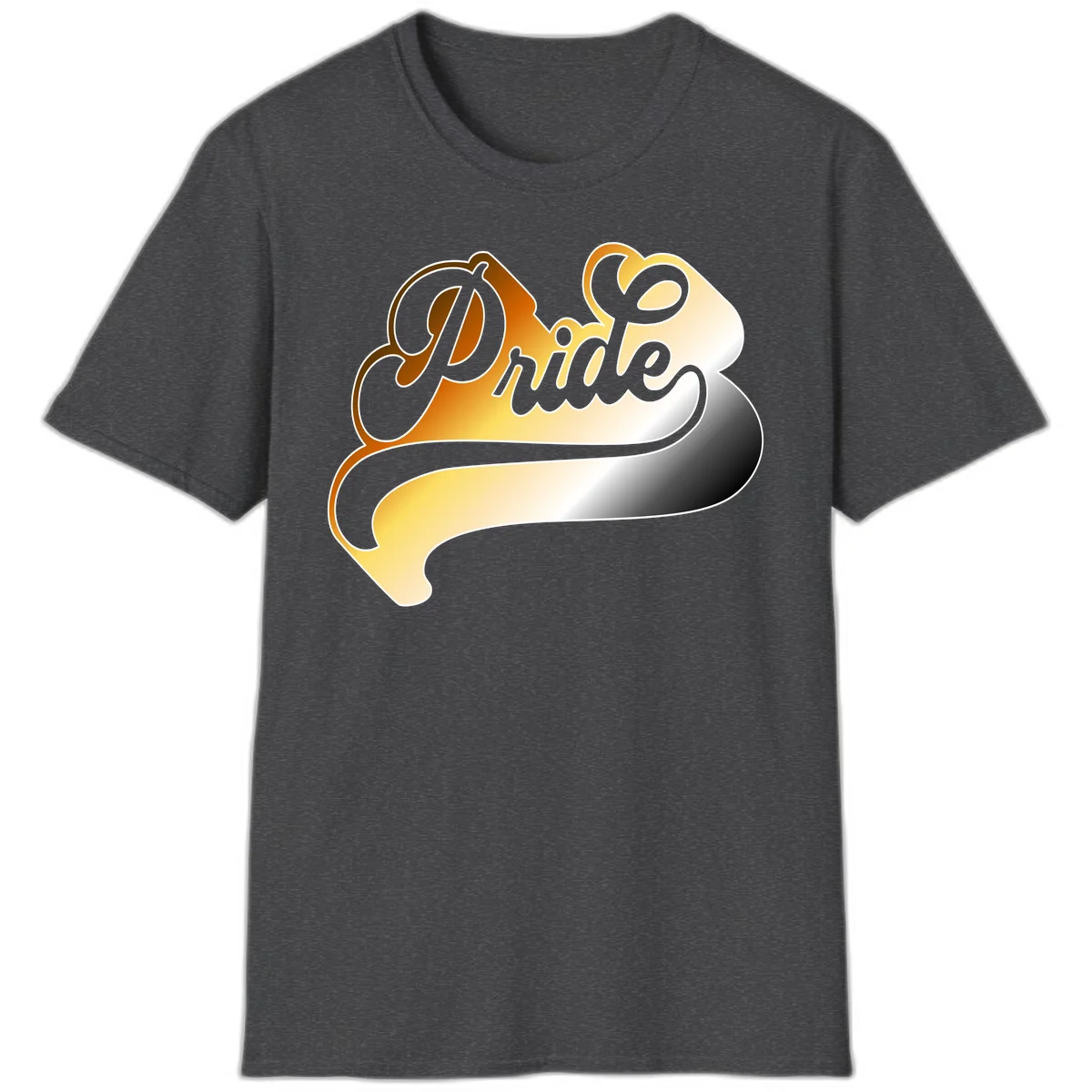 Pride script gradient design with elegant gray lettering on warm orange-to-cream flowing ribbon background in Dark Heather