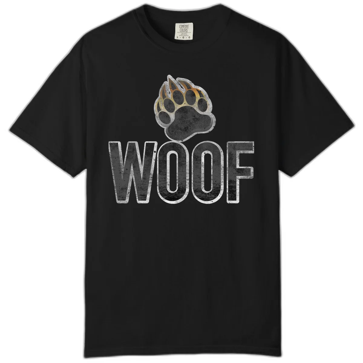 Woof paw print fire design: large paw with orange and gold flame claws above distressed 'WOOF' text in Black