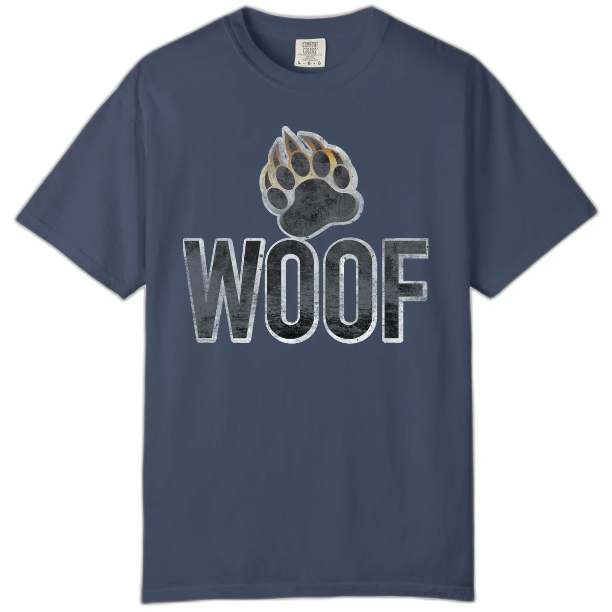 Woof paw print fire design: large paw with orange and gold flame claws above distressed 'WOOF' text in Midnight