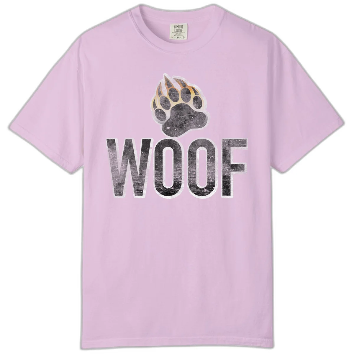 Woof paw print fire design: large paw with orange and gold flame claws above distressed 'WOOF' text in Orchid