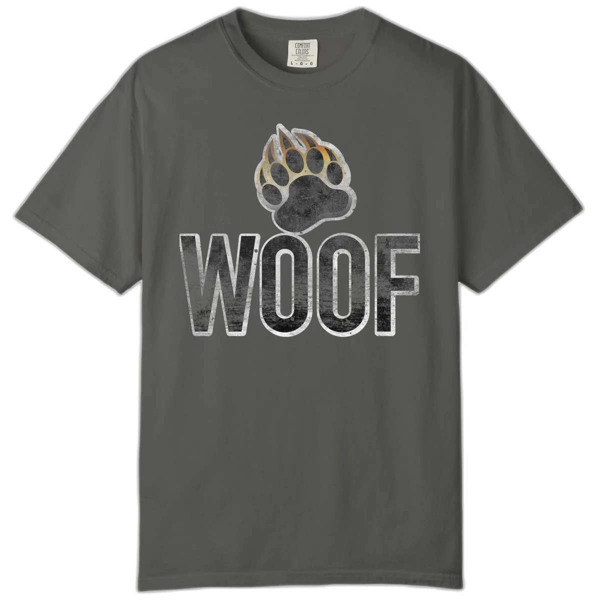 Woof paw print fire design: large paw with orange and gold flame claws above distressed 'WOOF' text in Pepper