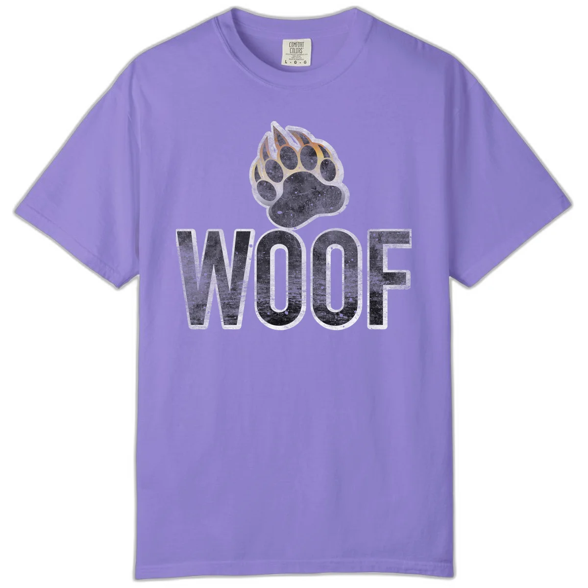 Woof paw print fire design: large paw with orange and gold flame claws above distressed 'WOOF' text in Violet