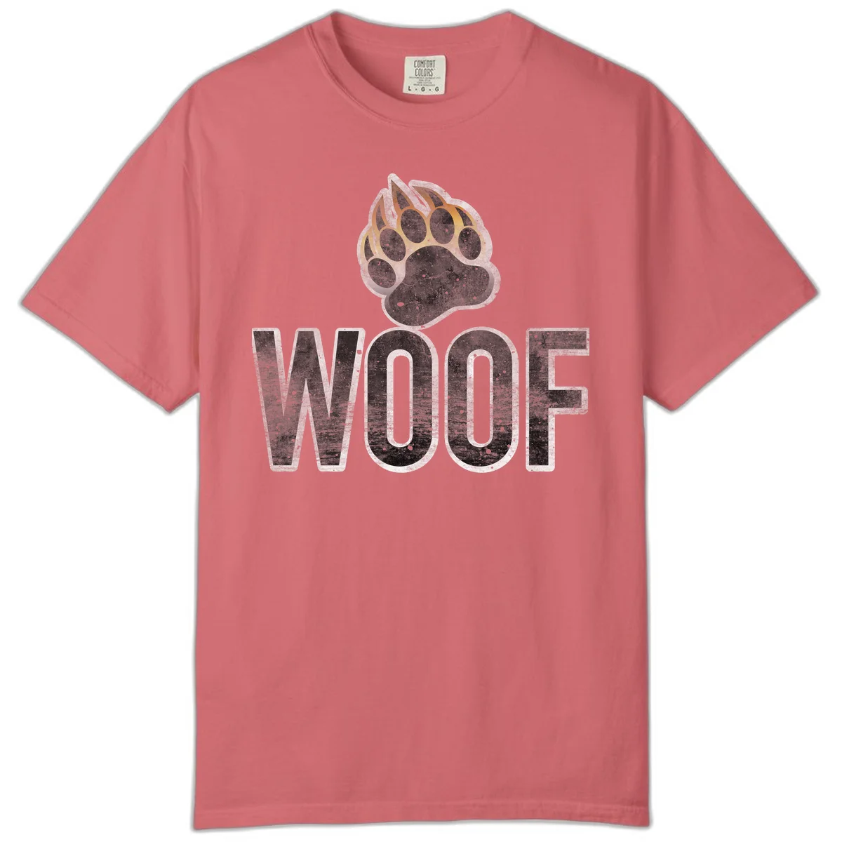 Woof paw print fire design: large paw with orange and gold flame claws above distressed 'WOOF' text in Watermelon