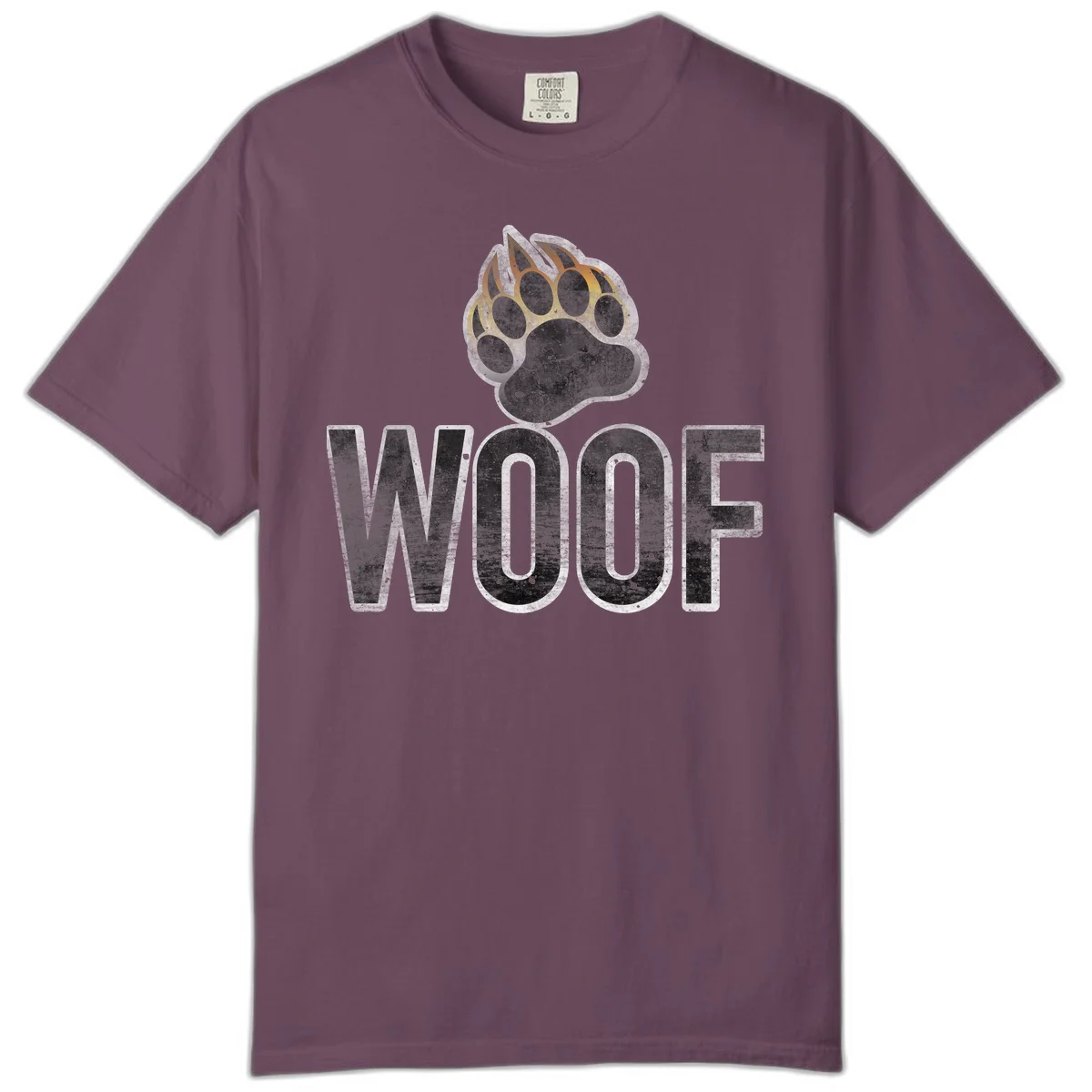 Woof paw print fire design: large paw with orange and gold flame claws above distressed 'WOOF' text in Berry