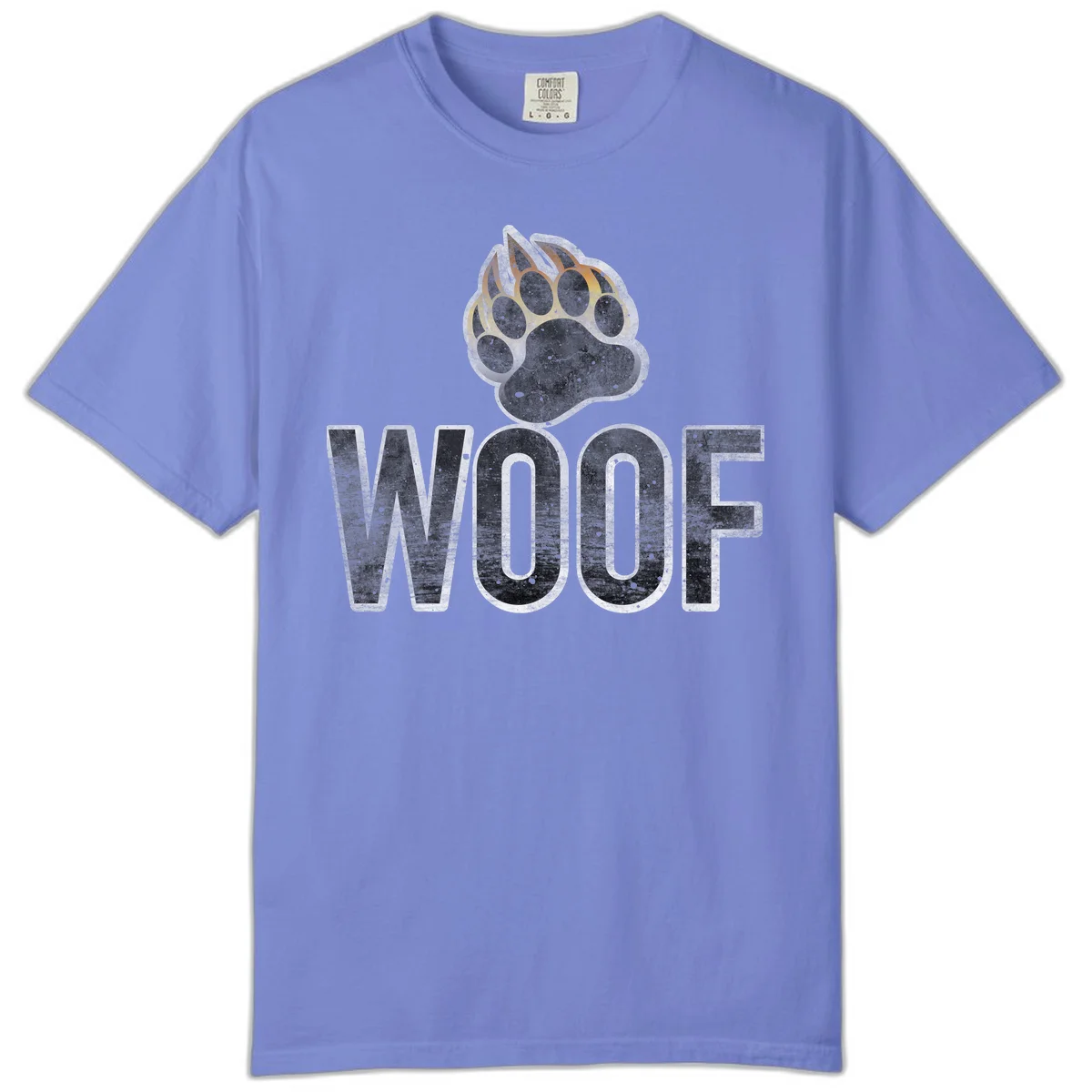 Woof paw print fire design: large paw with orange and gold flame claws above distressed 'WOOF' text in Flo Blue