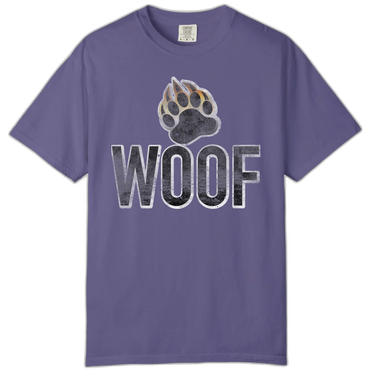 Woof paw print fire design: large paw with orange and gold flame claws above distressed 'WOOF' text in Grape