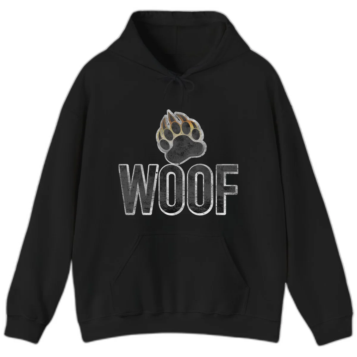 Woof paw print fire design: large paw with orange and gold flame claws above distressed 'WOOF' text in Black