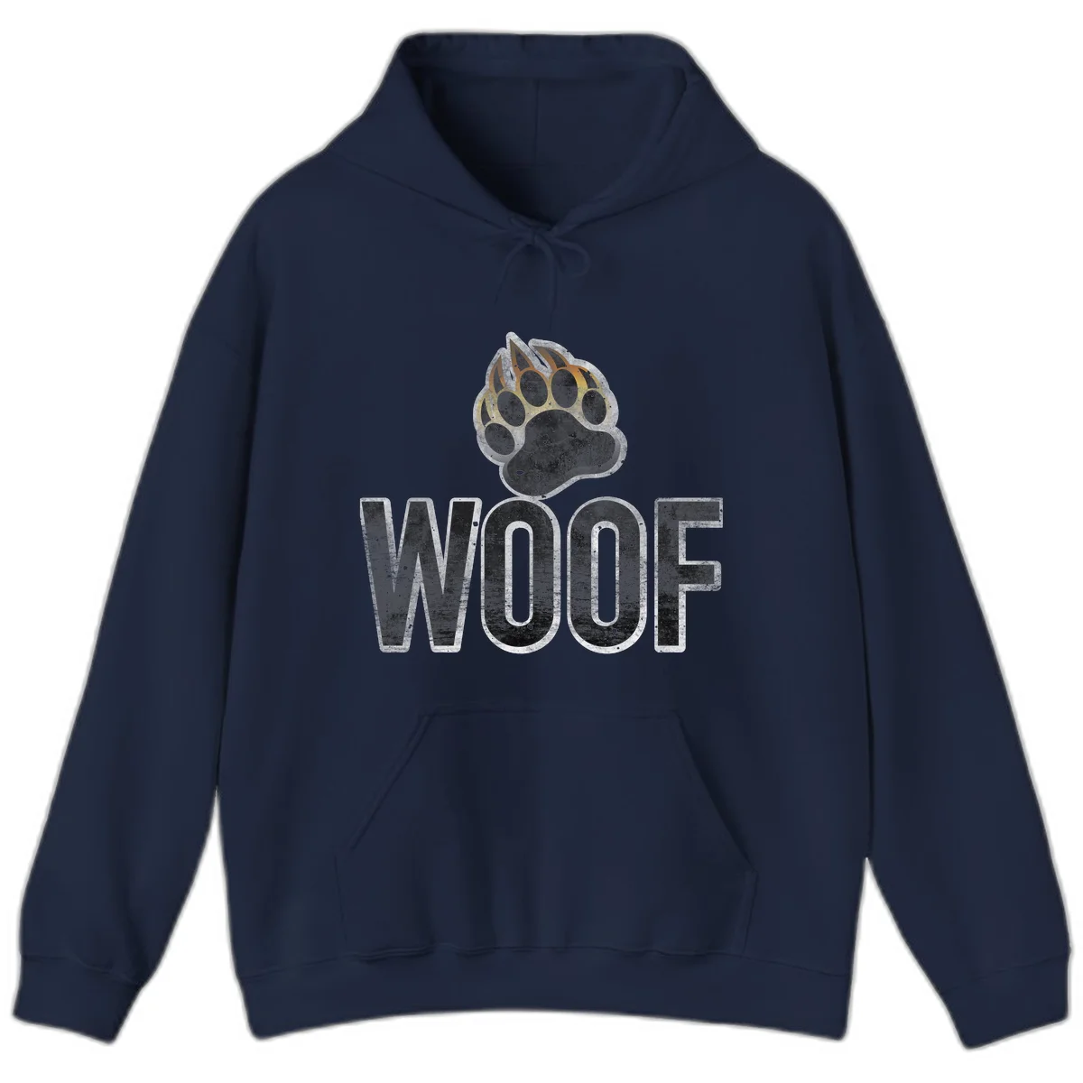 Woof paw print fire design: large paw with orange and gold flame claws above distressed 'WOOF' text in Navy