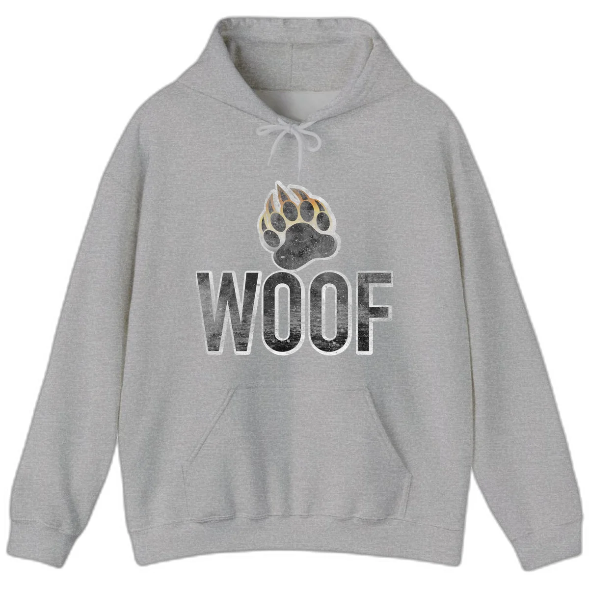 Woof paw print fire design: large paw with orange and gold flame claws above distressed 'WOOF' text in Sport Grey