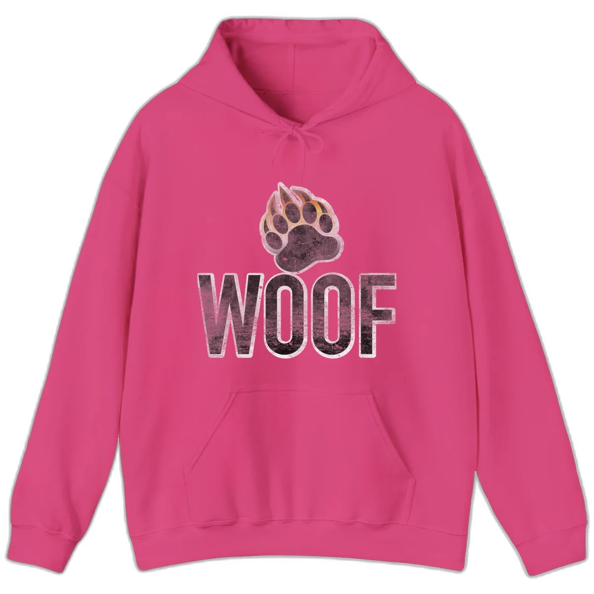 Woof paw print fire design: large paw with orange and gold flame claws above distressed 'WOOF' text in Heliconia