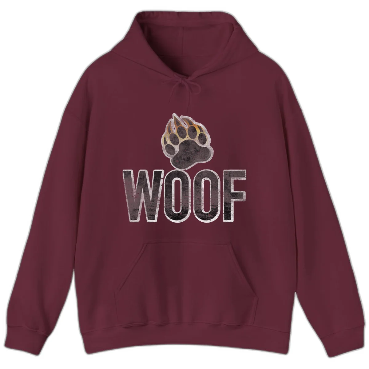 Woof paw print fire design: large paw with orange and gold flame claws above distressed 'WOOF' text in Maroon