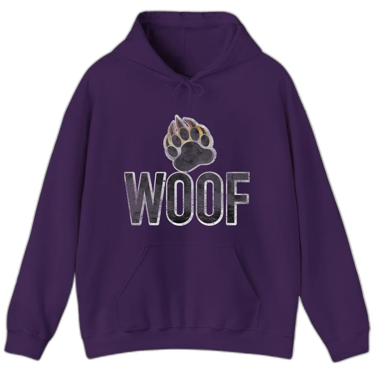Woof paw print fire design: large paw with orange and gold flame claws above distressed 'WOOF' text in Purple