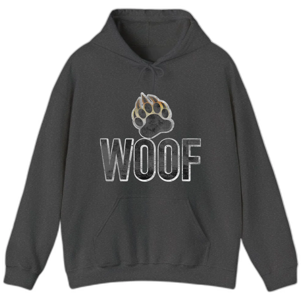 Woof paw print fire design: large paw with orange and gold flame claws above distressed 'WOOF' text in Dark Heather