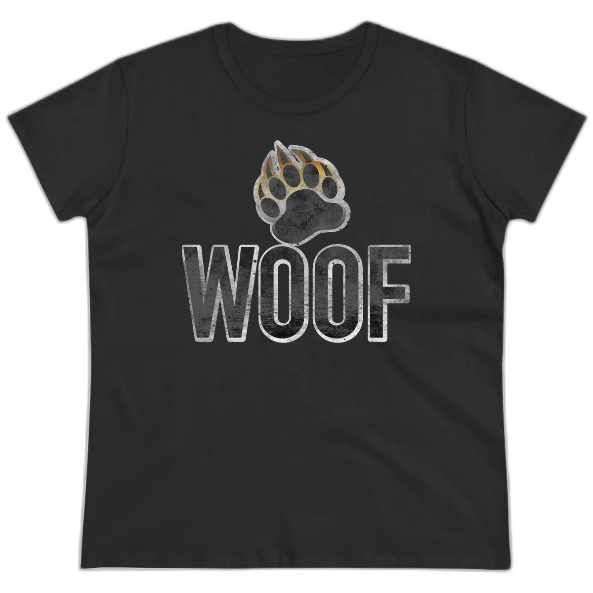 Woof paw print fire design: large paw with orange and gold flame claws above distressed 'WOOF' text in Black
