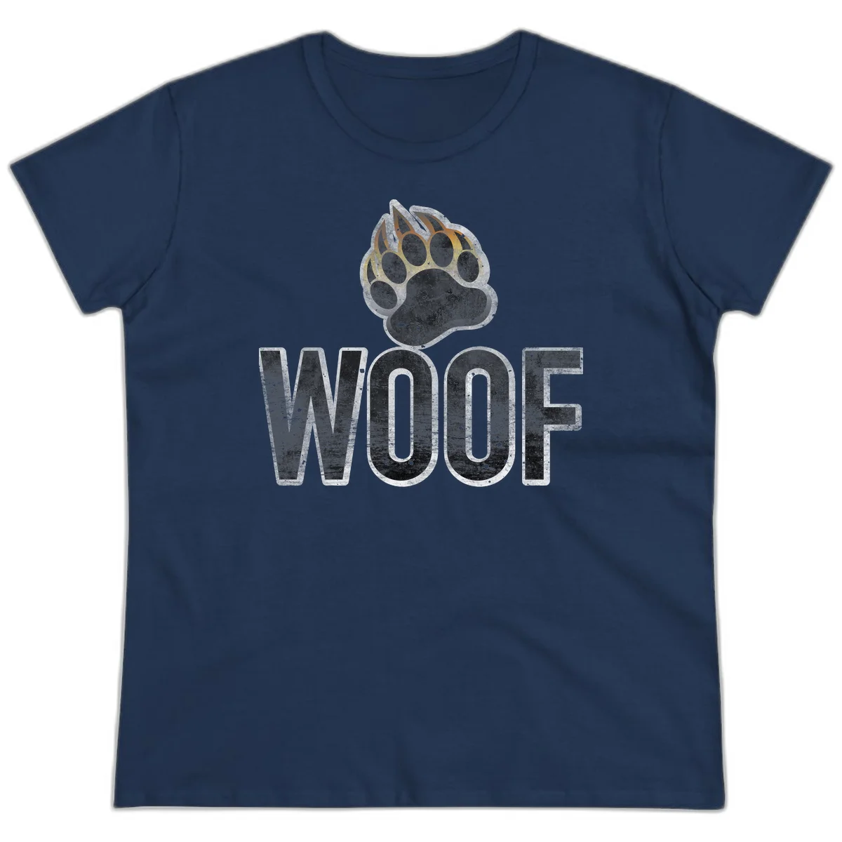 Woof paw print fire design: large paw with orange and gold flame claws above distressed 'WOOF' text in Navy