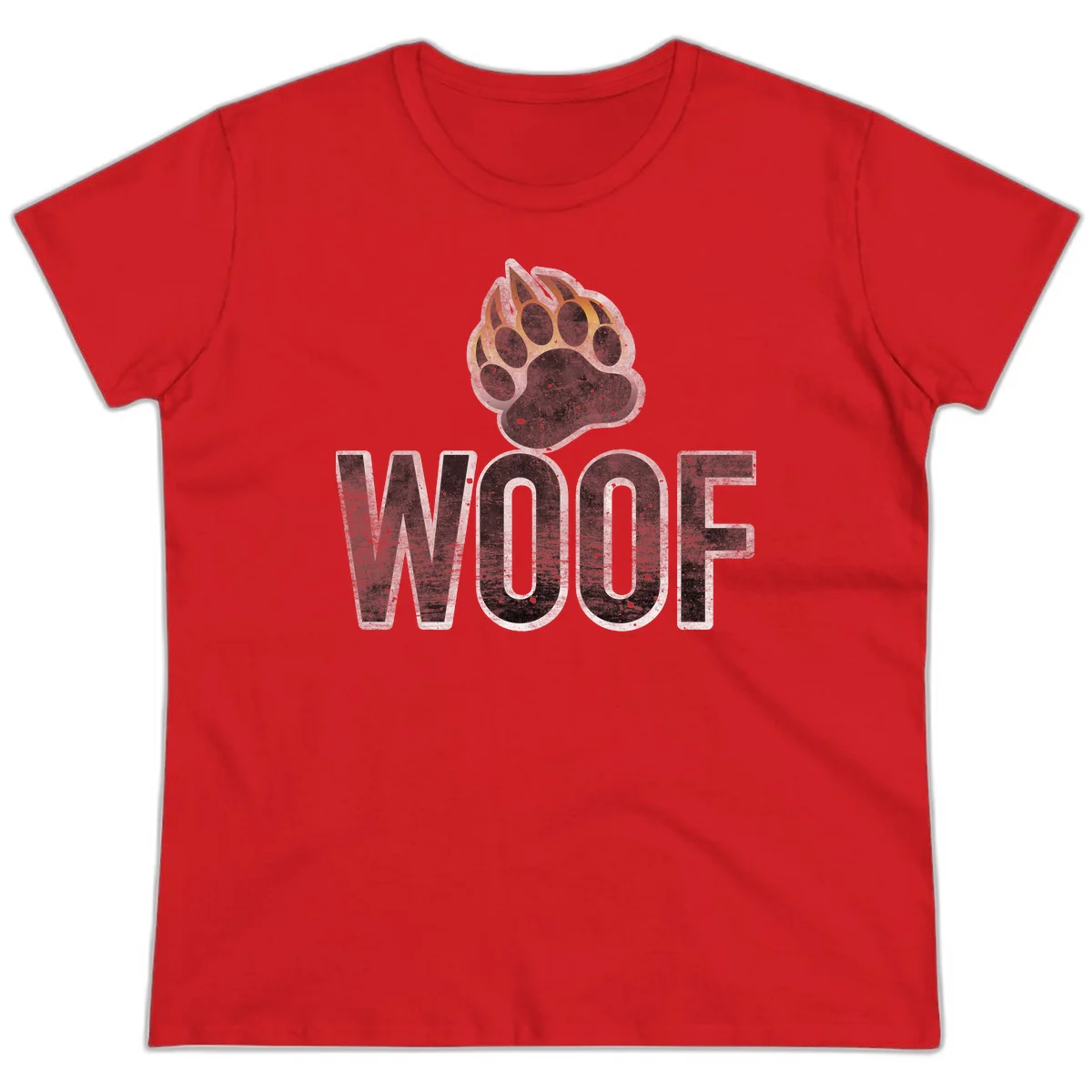 Woof paw print fire design: large paw with orange and gold flame claws above distressed 'WOOF' text in Red