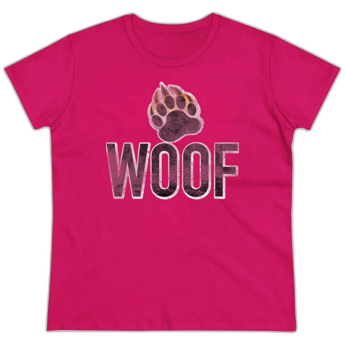 Woof paw print fire design: large paw with orange and gold flame claws above distressed 'WOOF' text in Heliconia