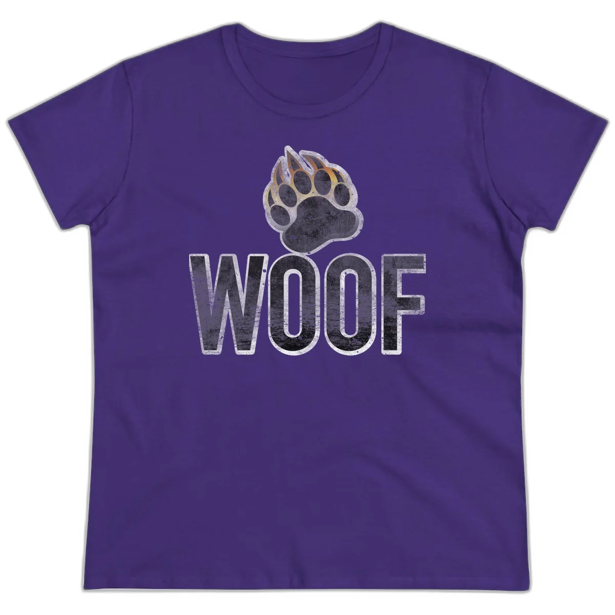 Woof paw print fire design: large paw with orange and gold flame claws above distressed 'WOOF' text in Purple