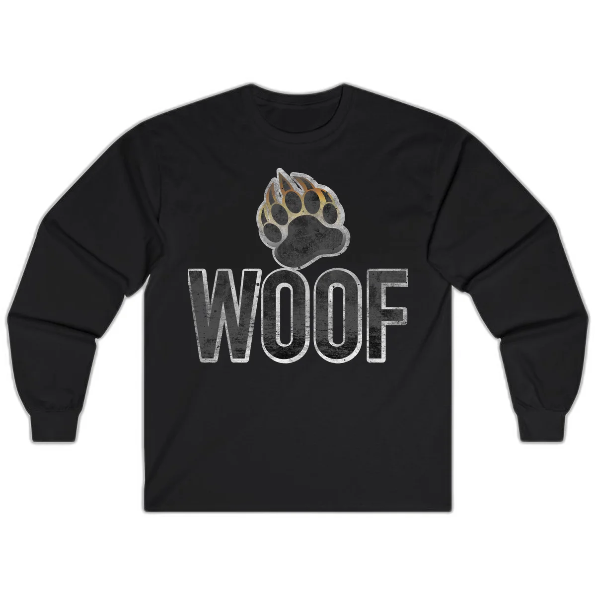 Woof paw print fire design: large paw with orange and gold flame claws above distressed 'WOOF' text in Black