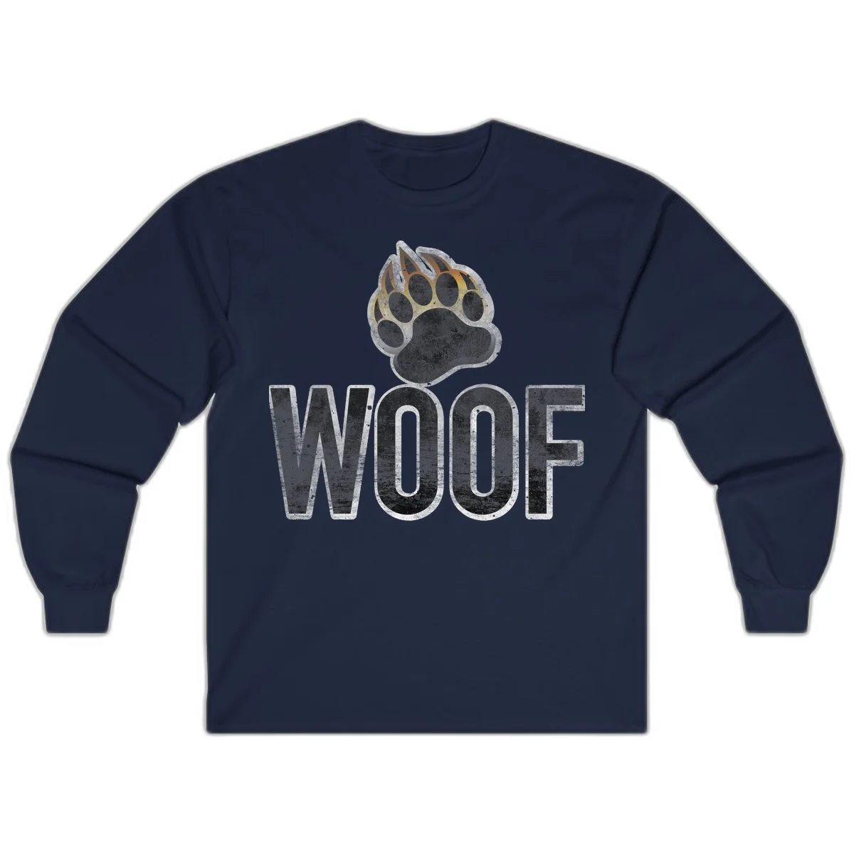 Woof paw print fire design: large paw with orange and gold flame claws above distressed 'WOOF' text in Navy