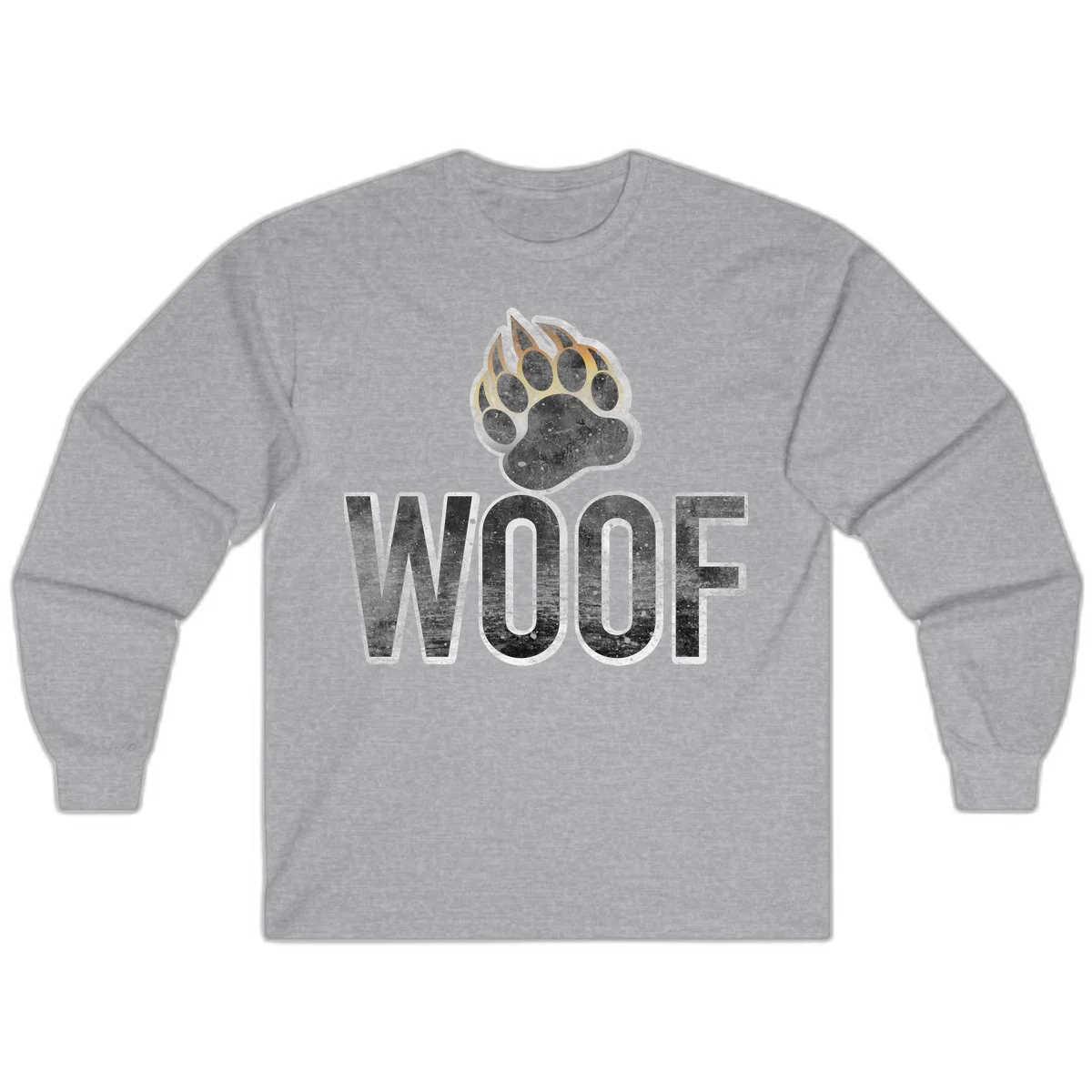 Woof paw print fire design: large paw with orange and gold flame claws above distressed 'WOOF' text in Sport Grey