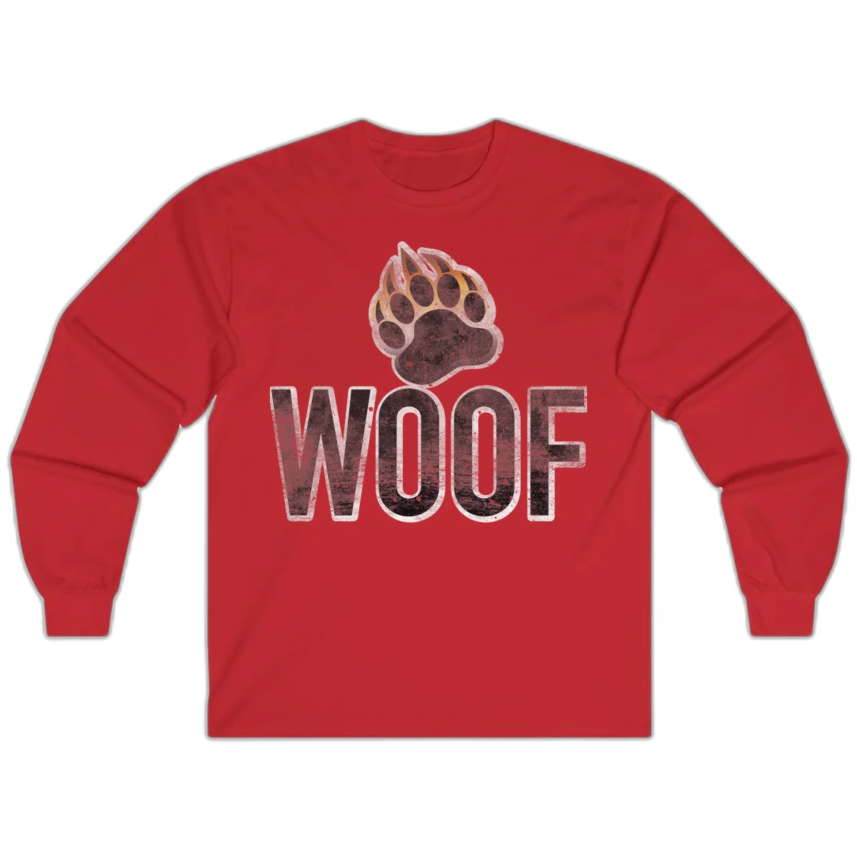 Woof paw print fire design: large paw with orange and gold flame claws above distressed 'WOOF' text in Red