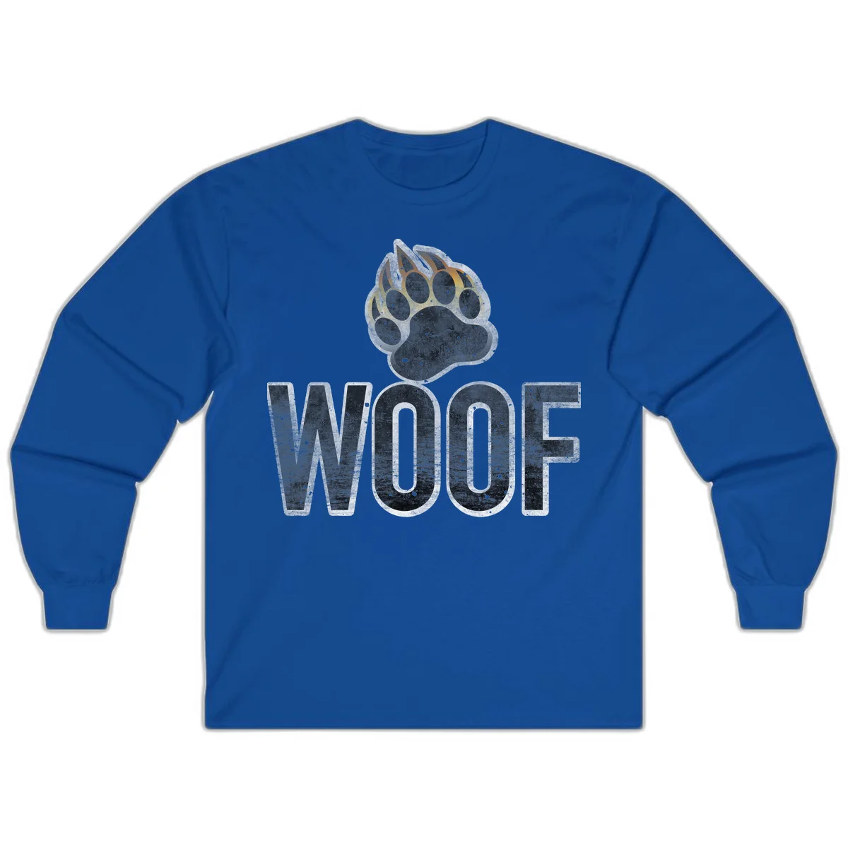 Woof paw print fire design: large paw with orange and gold flame claws above distressed 'WOOF' text in Royal