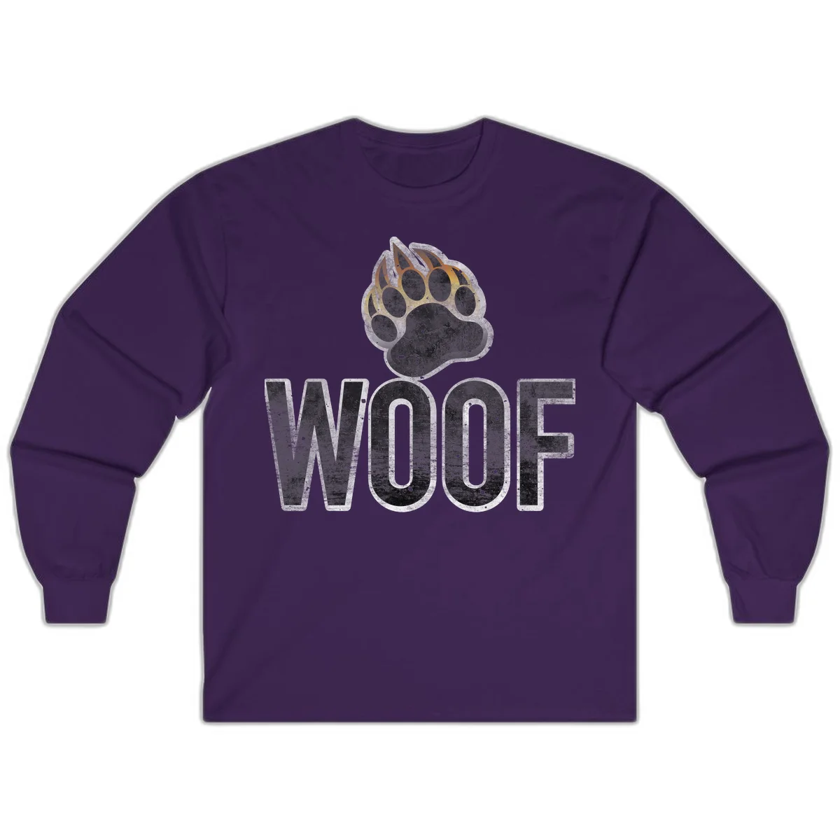 Woof paw print fire design: large paw with orange and gold flame claws above distressed 'WOOF' text in Purple