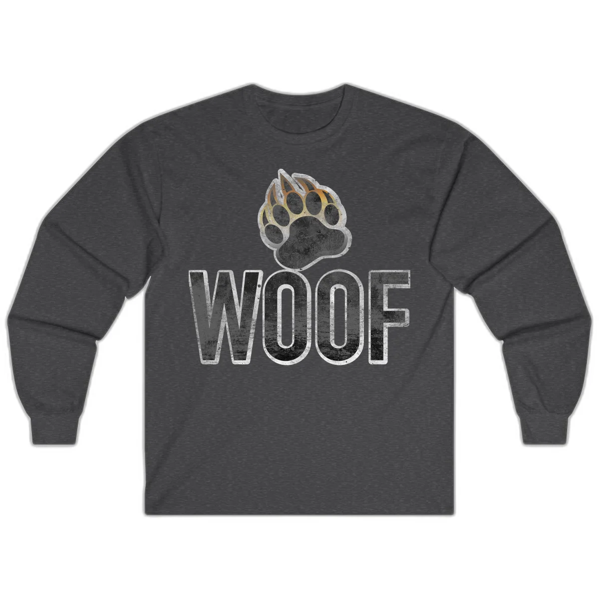 Woof paw print fire design: large paw with orange and gold flame claws above distressed 'WOOF' text in Dark Heather