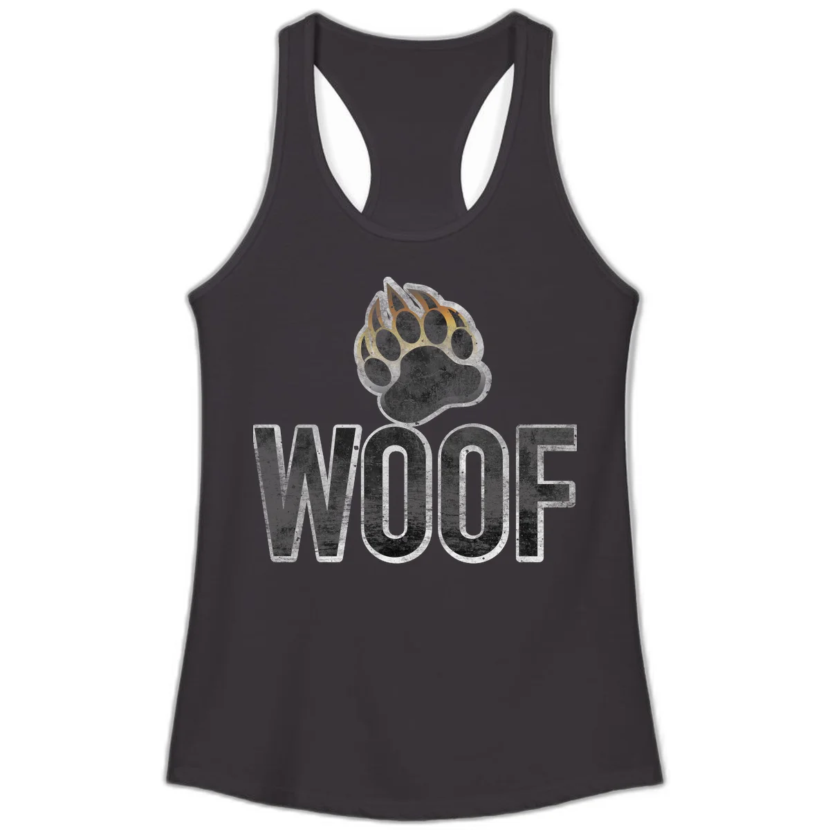 Woof paw print fire design: large paw with orange and gold flame claws above distressed 'WOOF' text in Black