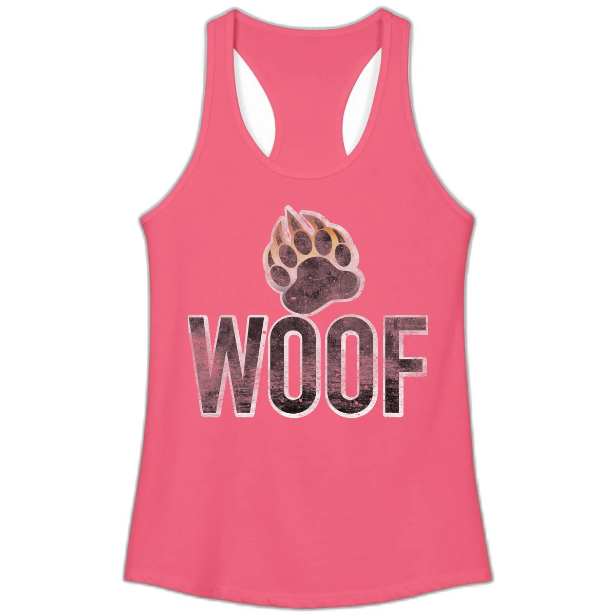 Woof paw print fire design: large paw with orange and gold flame claws above distressed 'WOOF' text in Hot Pink