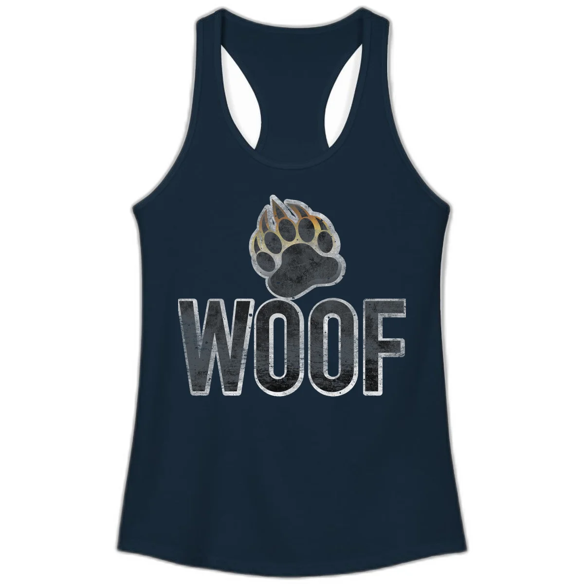 Woof paw print fire design: large paw with orange and gold flame claws above distressed 'WOOF' text in Solid Midnight Navy