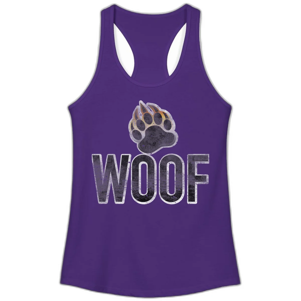 Woof paw print fire design: large paw with orange and gold flame claws above distressed 'WOOF' text in Solid Purple Rush