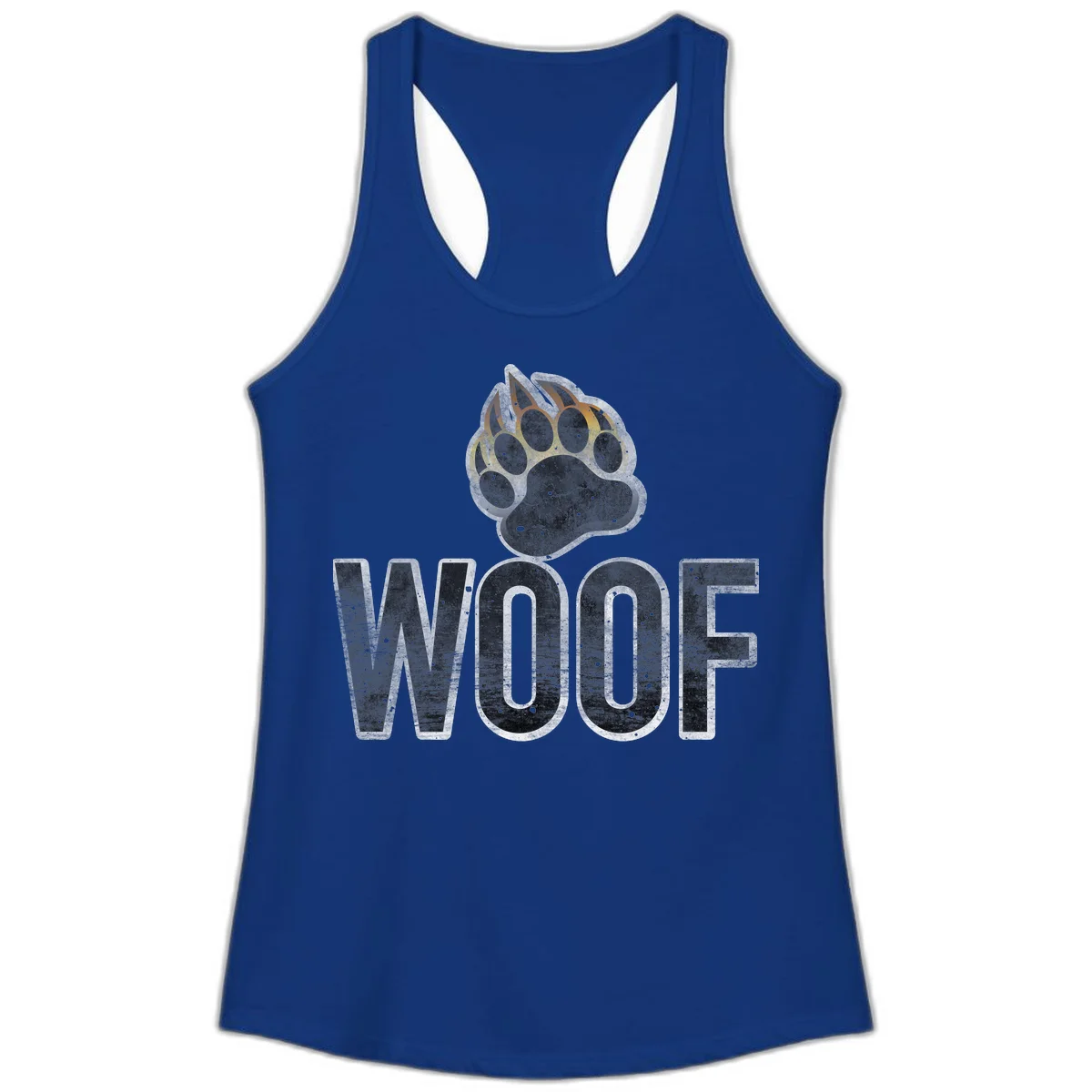 Woof paw print fire design: large paw with orange and gold flame claws above distressed 'WOOF' text in Solid Royal