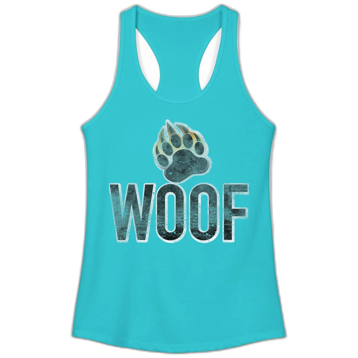 Woof paw print fire design: large paw with orange and gold flame claws above distressed 'WOOF' text in Solid Tahiti Blue