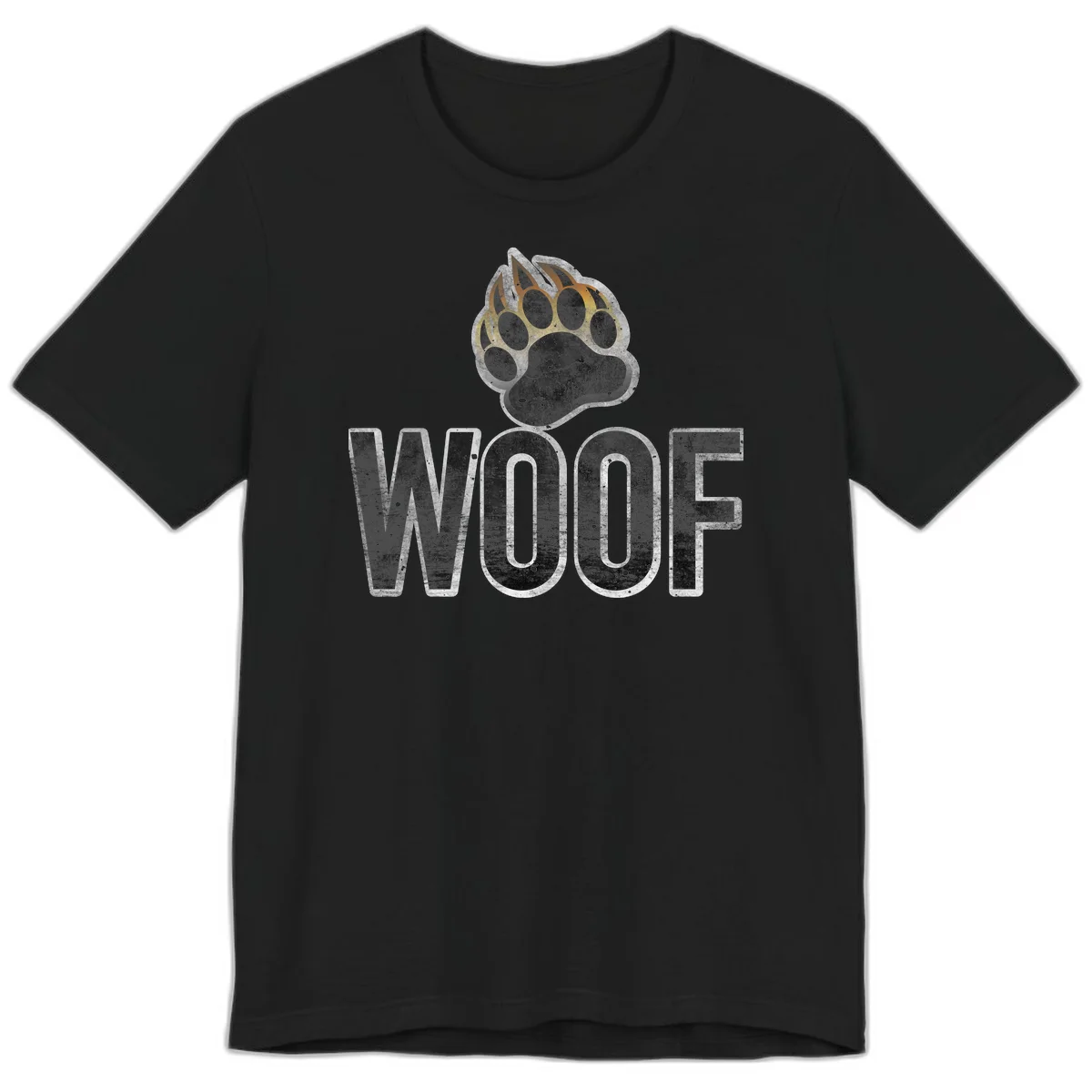 Woof paw print fire design: large paw with orange and gold flame claws above distressed 'WOOF' text in Black