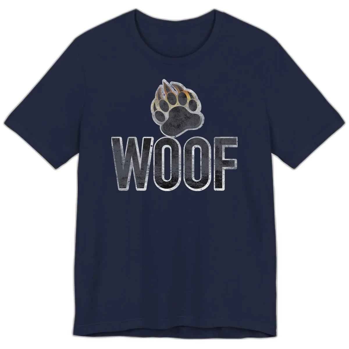 Woof paw print fire design: large paw with orange and gold flame claws above distressed 'WOOF' text in Navy