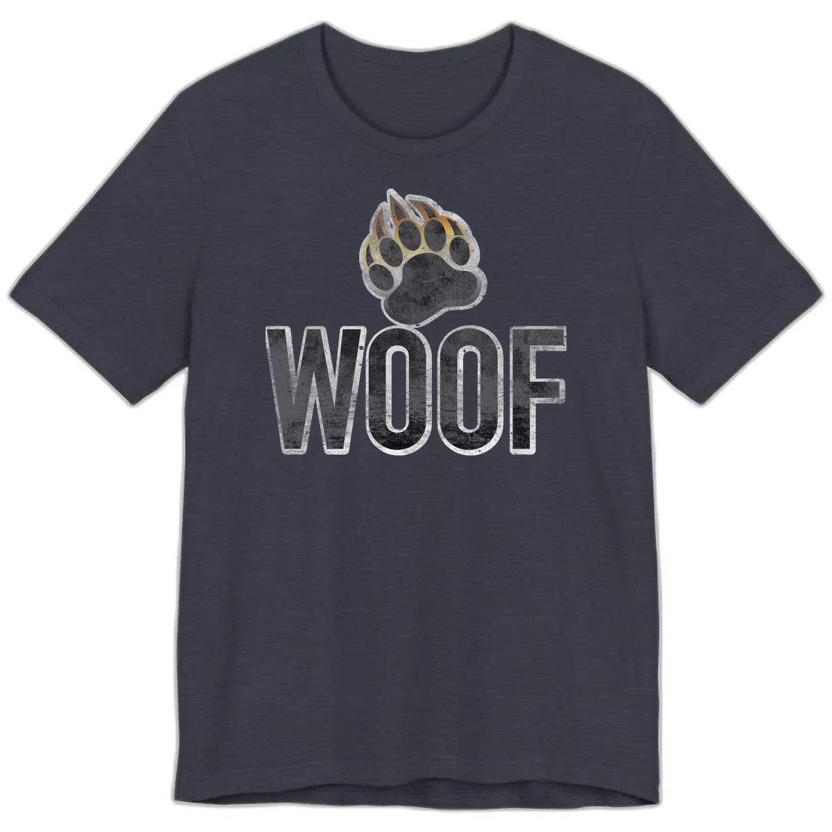 Woof paw print fire design: large paw with orange and gold flame claws above distressed 'WOOF' text in Heather Midnight Navy