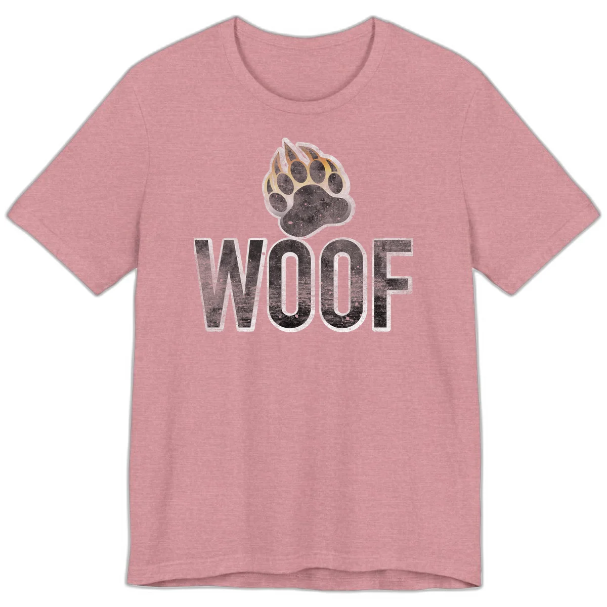 Woof paw print fire design: large paw with orange and gold flame claws above distressed 'WOOF' text in Heather Orchid