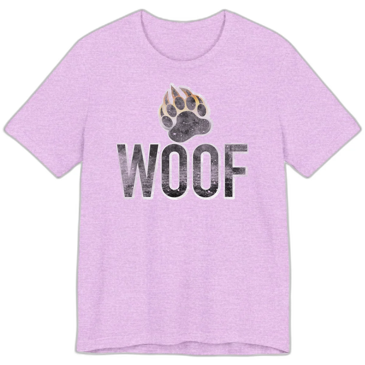 Woof paw print fire design: large paw with orange and gold flame claws above distressed 'WOOF' text in Heather Prism Lilac