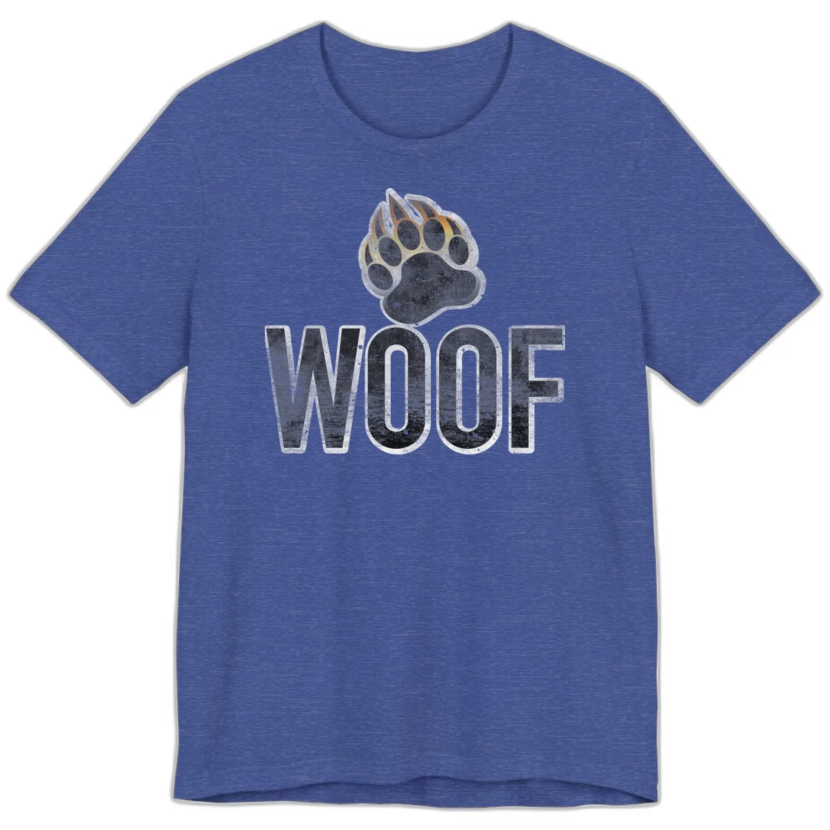 Woof paw print fire design: large paw with orange and gold flame claws above distressed 'WOOF' text in Heather True Royal