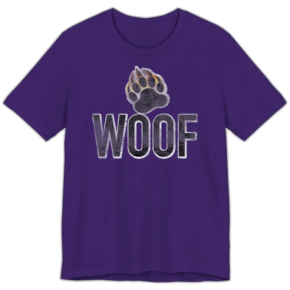 Woof paw print fire design: large paw with orange and gold flame claws above distressed 'WOOF' text in Team Purple