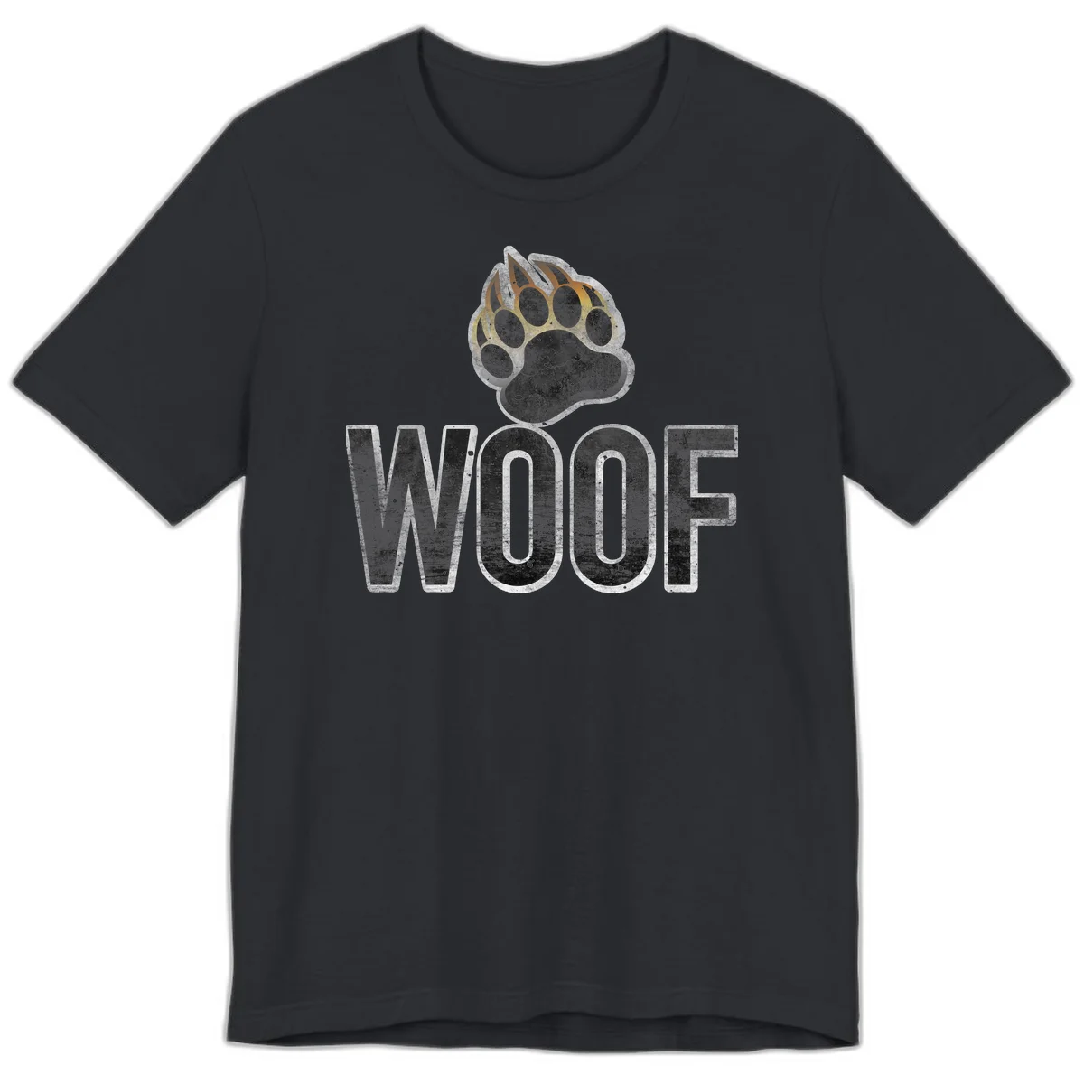 Woof paw print fire design: large paw with orange and gold flame claws above distressed 'WOOF' text in Vintage Black